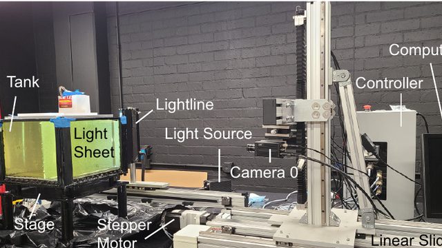 Stereoscopic particle image velocimetry rig with a tank of viscous fluid